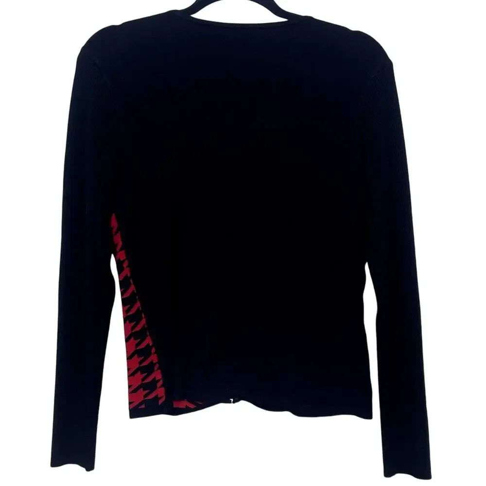 Women's Michelle Nicole Red and Black Houndstooth Zip Up Sweater Medium - Picture 2 of 4